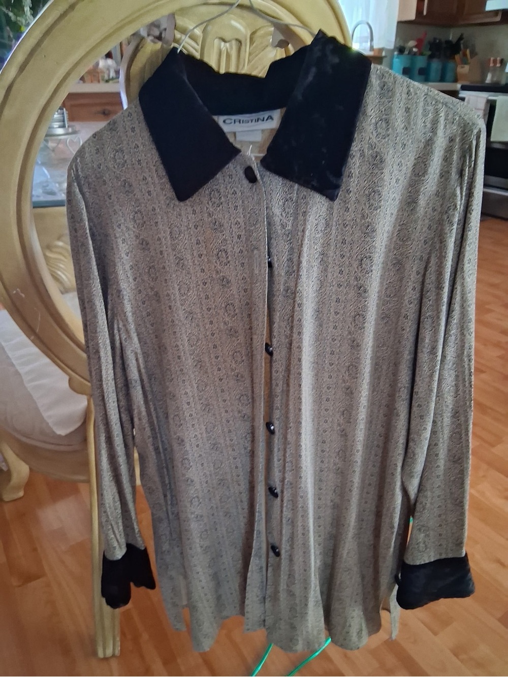 Christina Tan Patterned Button-Down Shirt with Black Velvet Collar